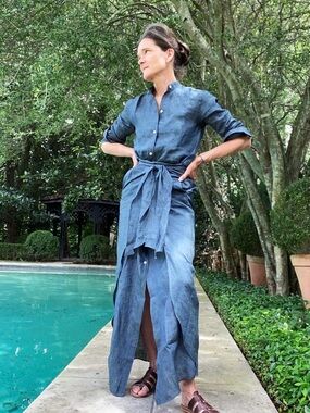 Ann Mashburn Blue Linen Maxi Tie Shirtdress Size (S)